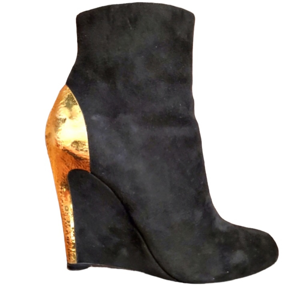 Sergio Rossi Black/Gold Suede Wedge Booties - Size 38 (US 8) EUC